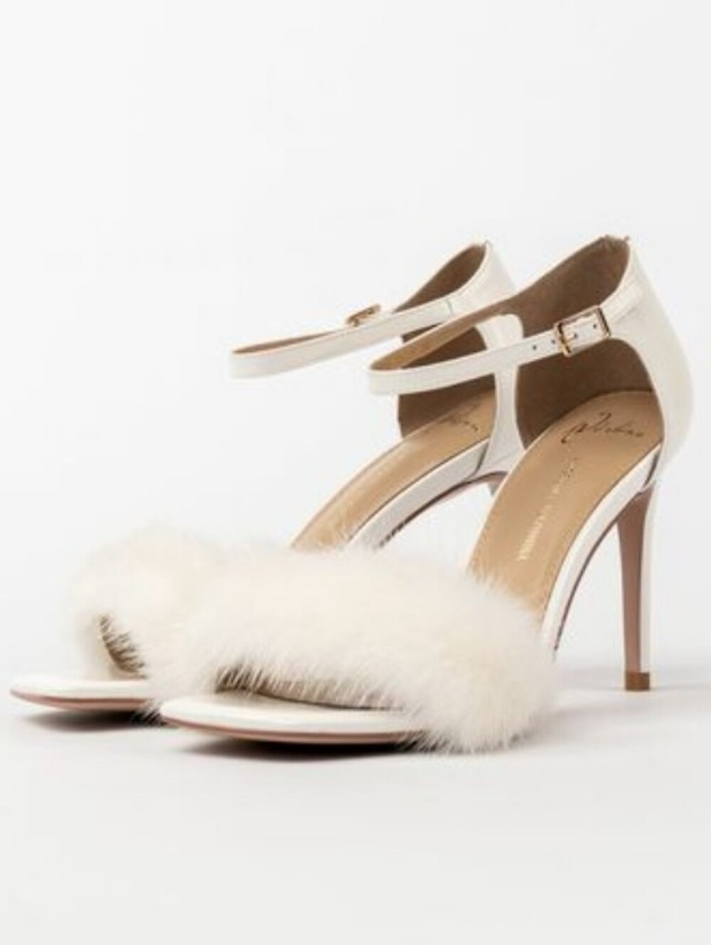Angelina Voloshina Ivory Fur-Trim Ankle Strap Stiletto Sandals